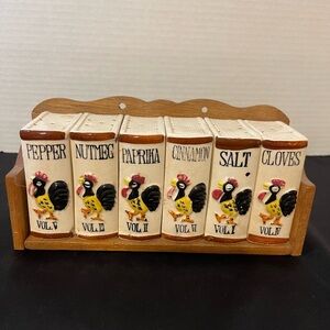 Vintage Rooster Spice Rack Set - Cream and Brown